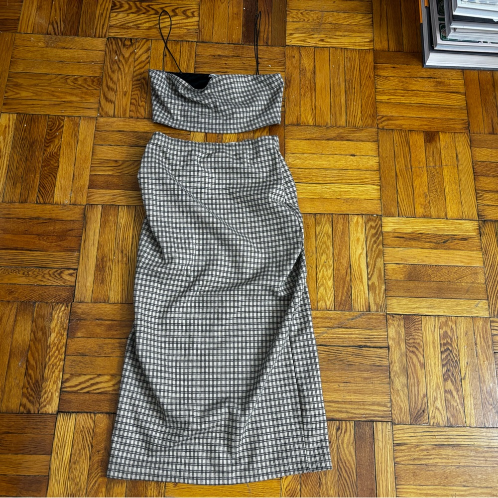 Reformation Beige Plaid Two Piece Pencil Skirt Crop Top Set S